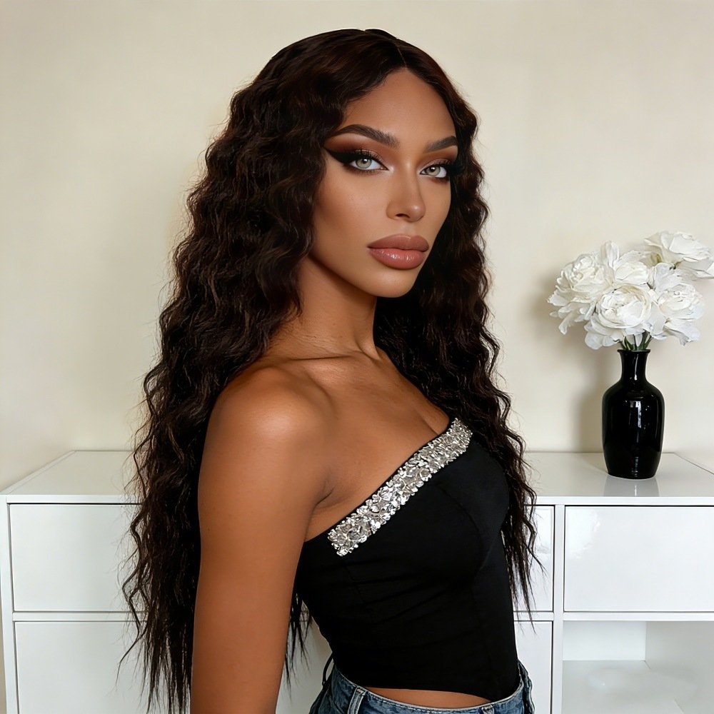 Middle Part Long Kinky Curly Corn Perm Synthetic Wig Model 184 Reverse Tied