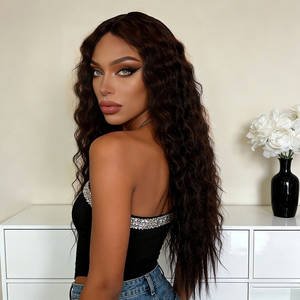 Middle Part Long Kinky Curly Corn Perm Synthetic Wig Model 184 Reverse Tied