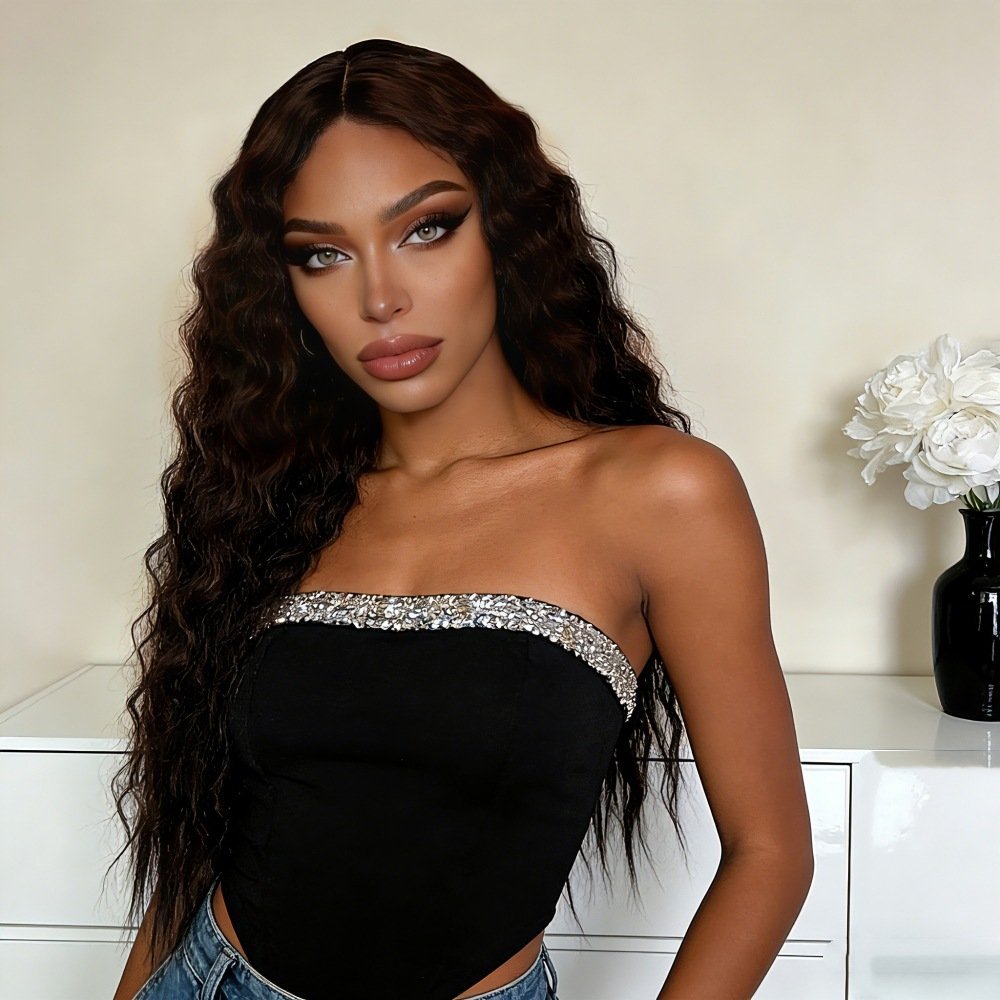 Middle Part Long Kinky Curly Corn Perm Synthetic Wig Model 184 Reverse Tied