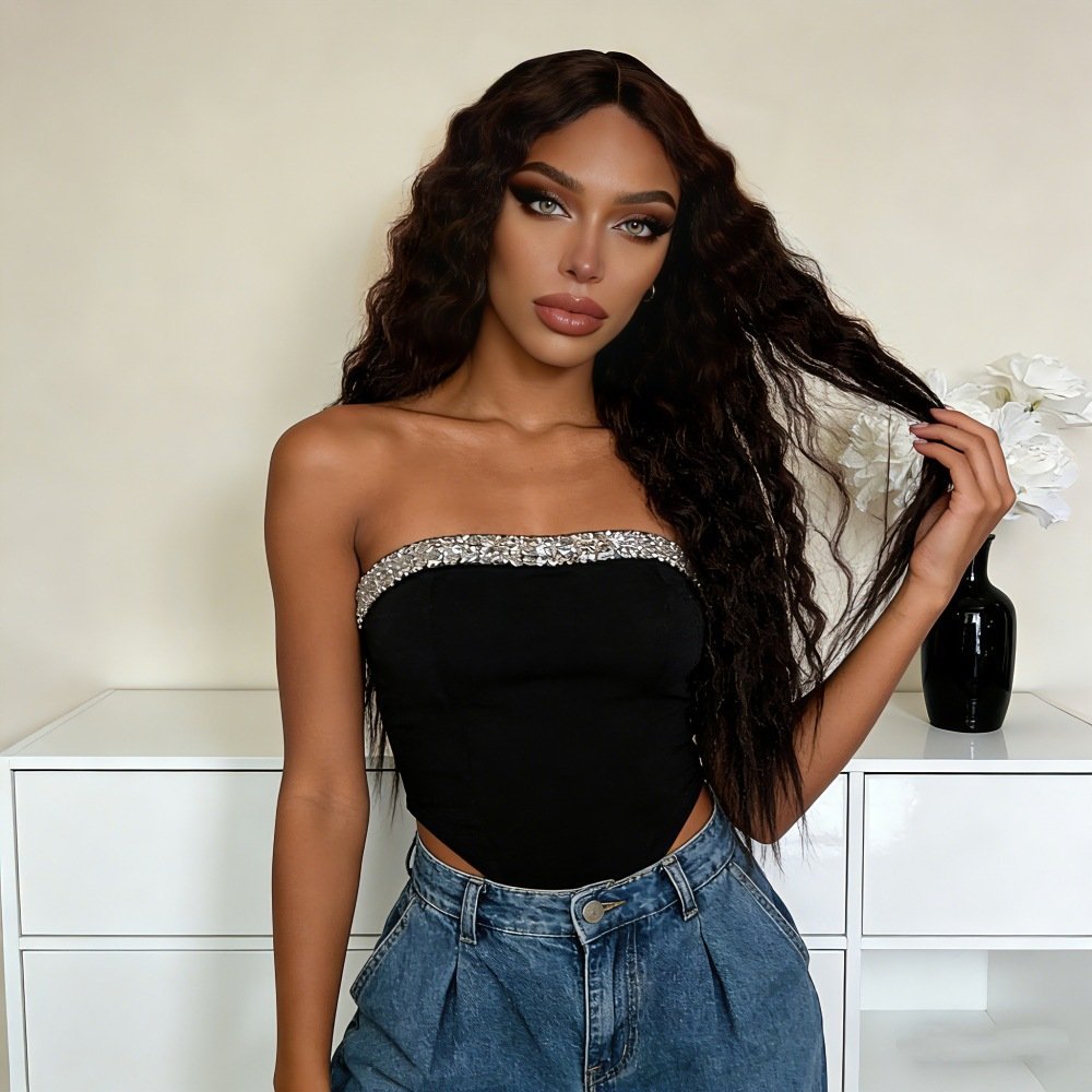 Middle Part Long Kinky Curly Corn Perm Synthetic Wig Model 184 Reverse Tied