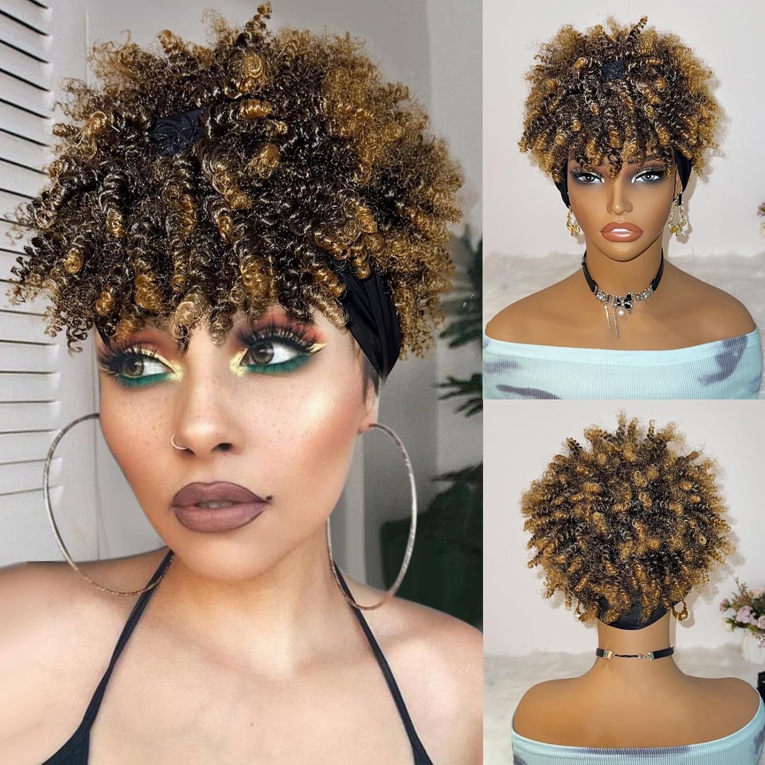 Integrated Ice Silk Headband Afro Small Curl Synthetic Wig Model J261