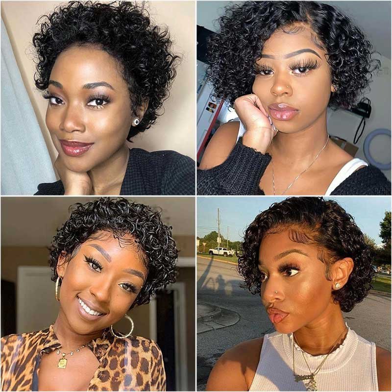 100 Percent Human Hair Pixie Cut Short Curly Wig Transparent Lace Model