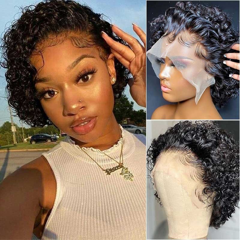 100 Percent Human Hair Pixie Cut Short Curly Wig Transparent Lace Model