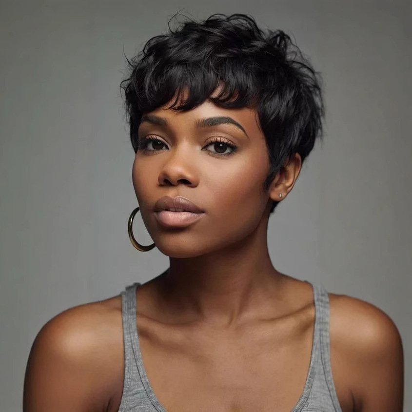 Short Pixie Cut Synthetic Wavy Wig with Side Swept Bangs Model A1282