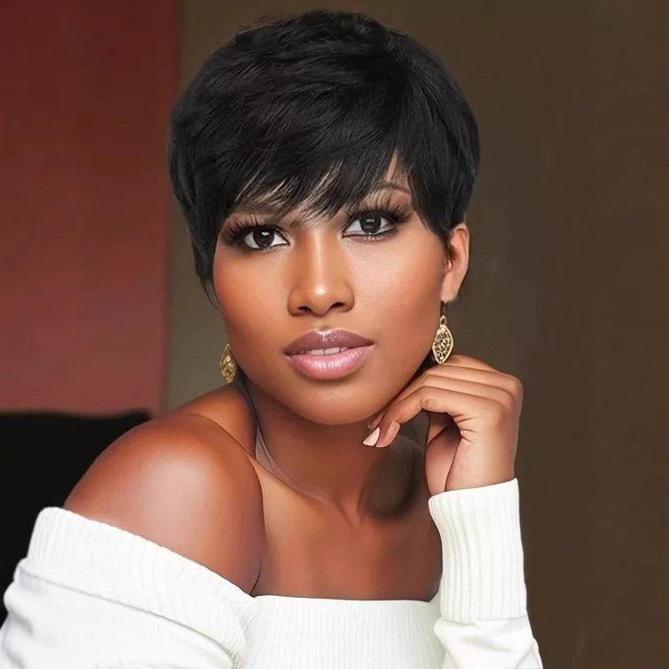 Short Pixie Cut Synthetic Wavy Wig with Side Swept Bangs Model A1282