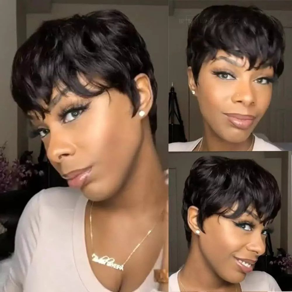 Short Pixie Cut Synthetic Wavy Wig with Side Swept Bangs Model A1282
