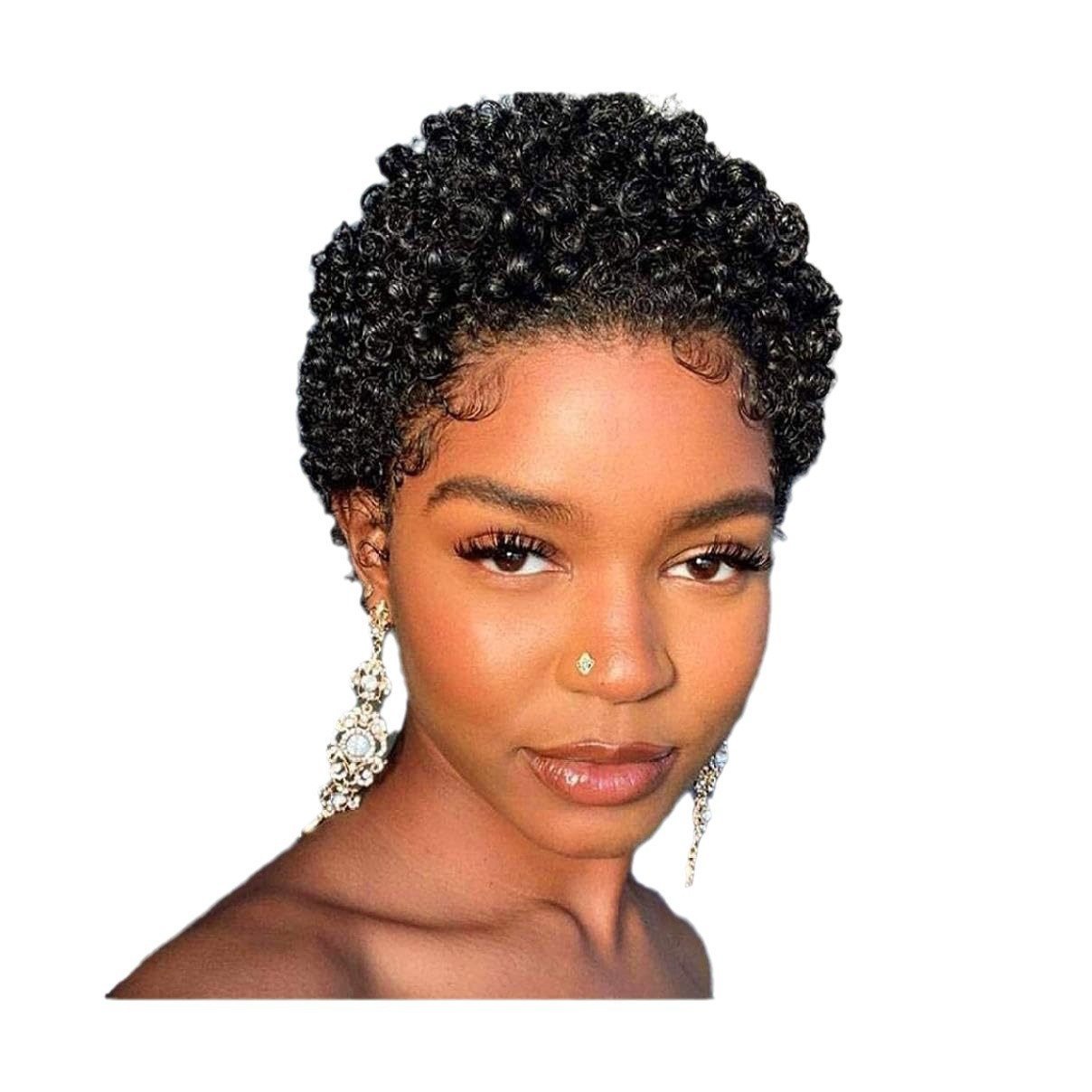 Short Afro Pixie Curly Synthetic Wig 13x4cm Scalp Lace Model H1056