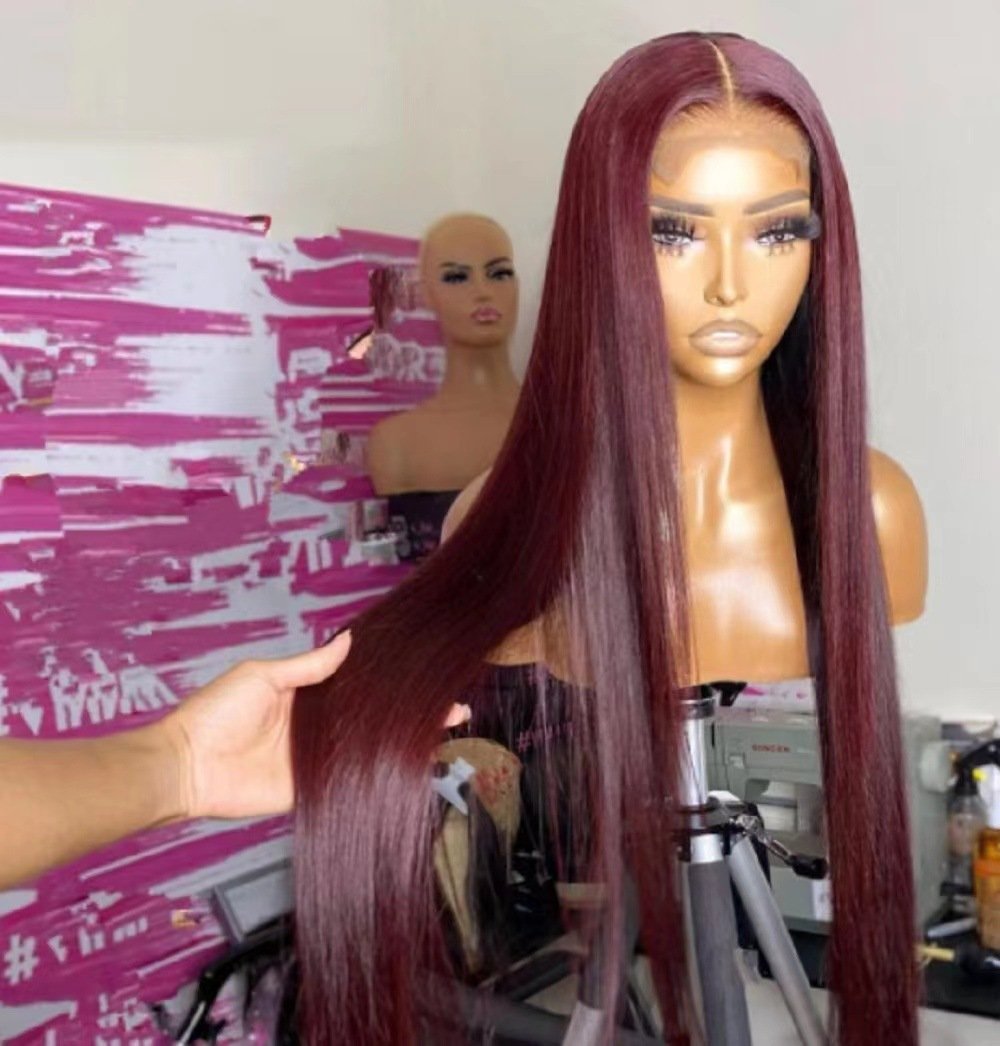 Pre Plucked Silky Straight 99J Burgundy Front Lace Synthetic Wig Model B068
