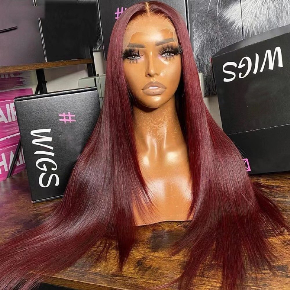 Pre Plucked Silky Straight 99J Burgundy Front Lace Synthetic Wig Model B068