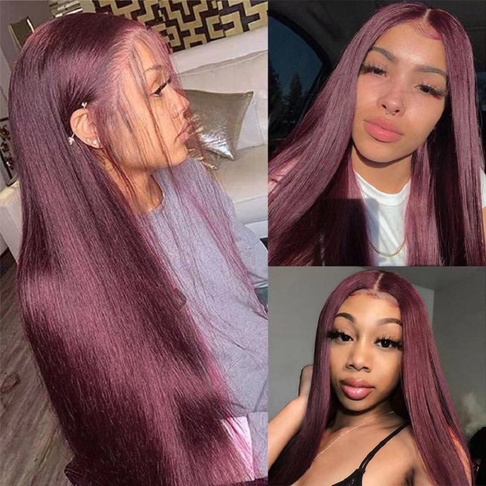 Pre Plucked Silky Straight 99J Burgundy Front Lace Synthetic Wig Model B068